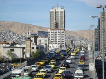 Modern Damascus, of course with traffic jams.