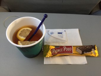 LOT airlines, we got a drink and a snack on the short 2 hour flight