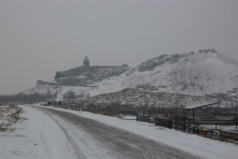 Khor Virap in grey and snowy weather